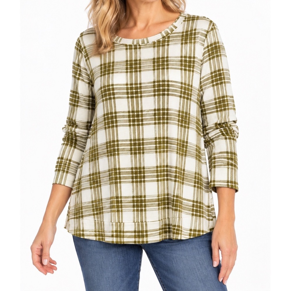 AnyBody Womens Large Plaid Long Sleeve Crew Neck Top Olive Green Cream Cotton